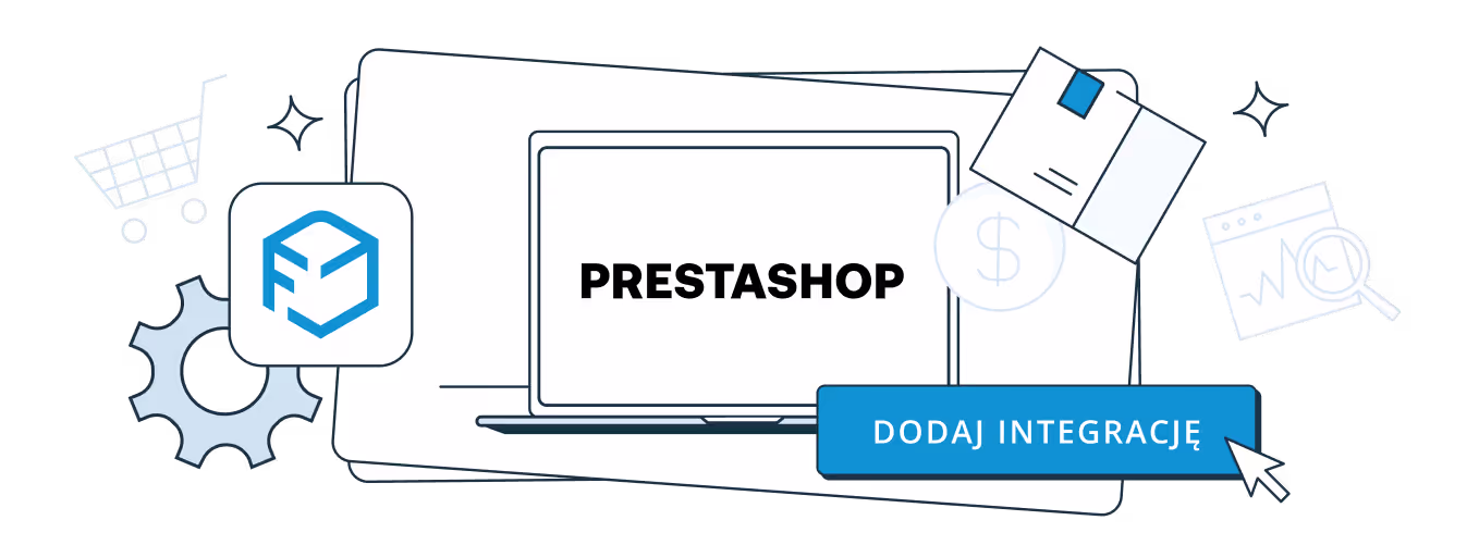 llustration showing a laptop with the word "PRESTASHOP" on the screen, surrounded by e-commerce-related icons such as a shopping cart, gear, package, and chart. In the bottom right corner, there's a blue button labeled add Integration with a cursor pointing to it