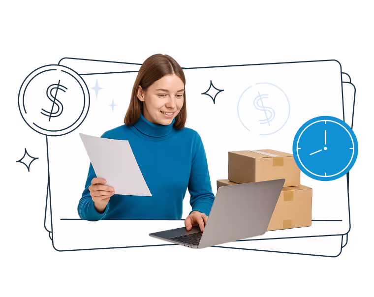 A woman in a blue turtleneck working on a laptop while holding a sheet of paper. Next to her are cardboard boxes, and in the background are illustrated clock and dollar icons, symbolizing tasks related to shipping, time, and costs.