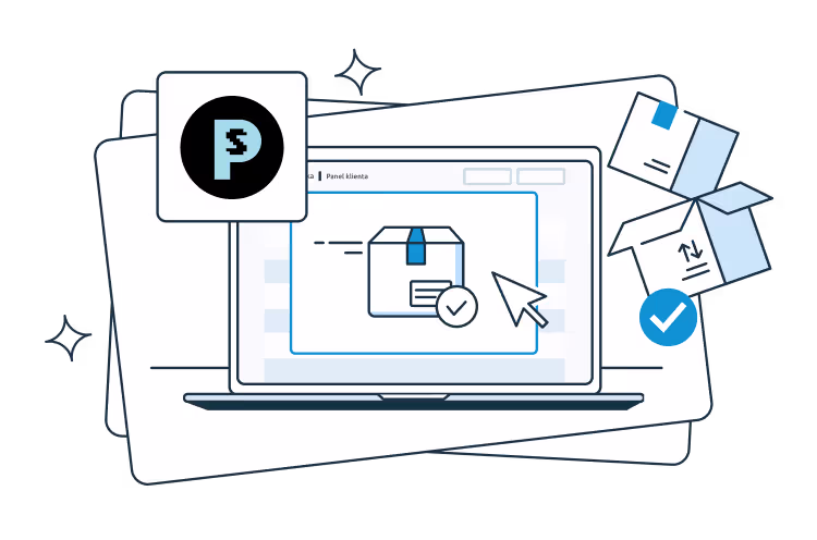 An illustration of a laptop screen showing a parcel with a checkmark icon and a cursor pointing at it. Around the laptop are boxes with labels and checkmarks. In the upper left corner is the PrestaShop logo 
