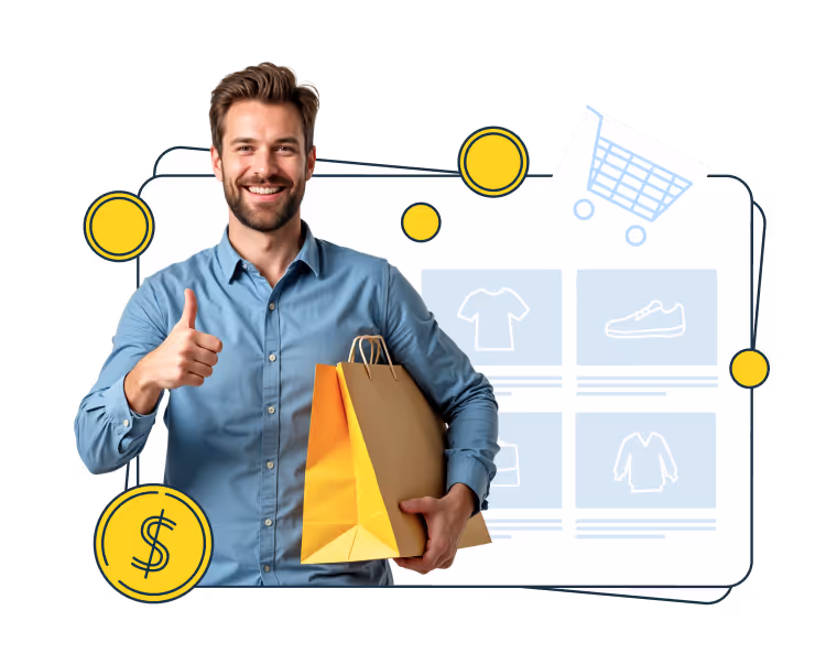 A smiling man in a blue shirt holding shopping bags and showing a thumbs up. In the background are illustrated coins, a shopping cart, and a product grid with clothing and footwear icons, symbolizing successful online shopping or e-commerce.