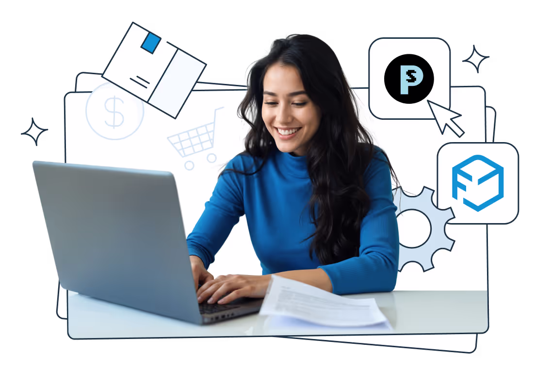 A woman in a blue sweater sits at a desk working on a laptop, smiling. In the background are graphic icons related to e-commerce, such as a shopping cart, package, gear, and logos of PrestaShop and Furgonetka.