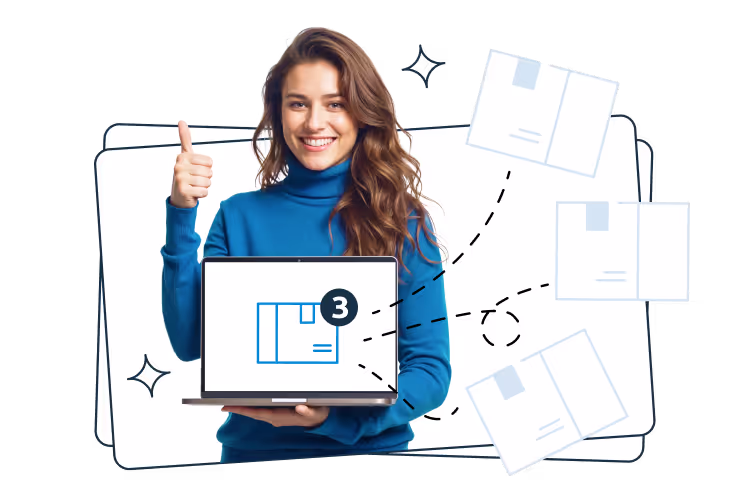 A smiling woman in a blue turtleneck holding a laptop displaying a parcel icon with the number “3”, giving a thumbs-up; background includes dashed lines and parcel icons.