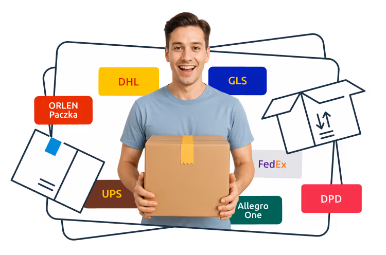 A smiling man in a light blue t-shirt is holding a cardboard box. Behind him are logos of various courier companies including ORLEN Paczka, DHL, GLS, UPS, Allegro One, FedEx, and DPD, along with stylized graphics of packages and sparkles.