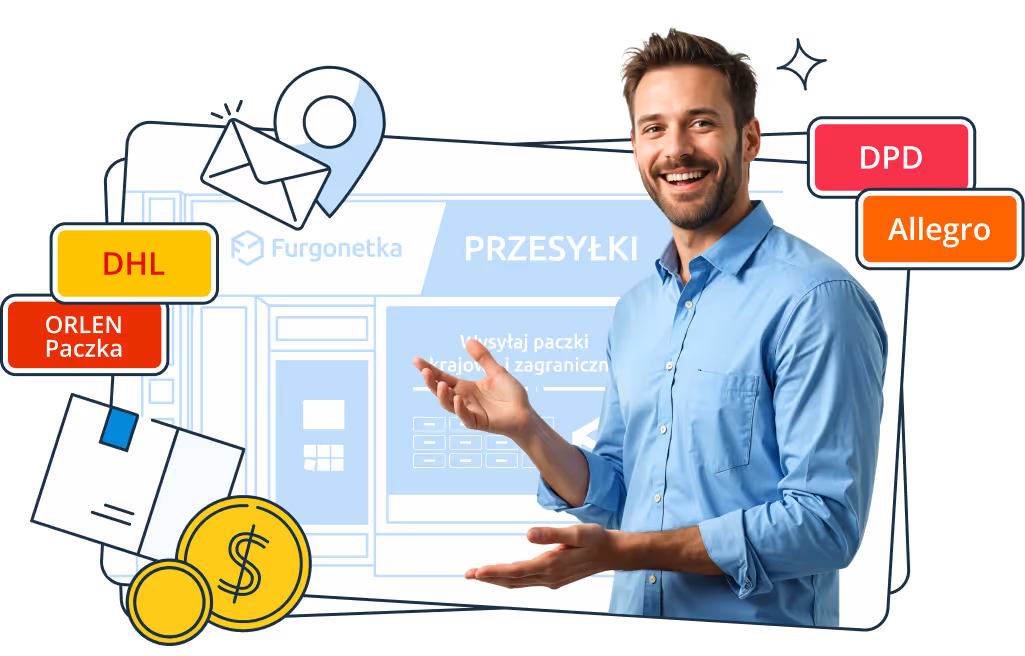 A smiling man in a light blue shirt gestures with both hands in front of the Furgonetka Point. Surrounding him are stylized icons of envelopes, coins, a location pin, and boxes, as well as courier logos including DHL, ORLEN Paczka, DPD, and Allegro.