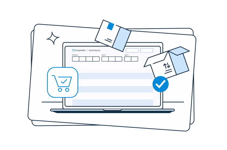 Ilustracja ekranu laptopa z formularzem i logo Furgonetka. Wokół laptopa znajdują się ikony przedstawiające koszyk zakupowy z haczykiem, etykietę paczki oraz otwarte pudełko kartonowe z niebieskim znakiem wyboru, symbolizujące import zamówień ze sklepu internetowego.