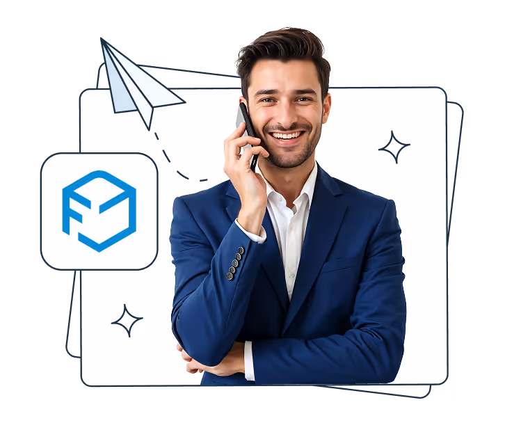 A smiling man in a navy blue suit talking on a smartphone. Next to him is the Furgonetka company logo and an illustrated paper airplane with a dashed flight path, placed on a white background with decorative elements.