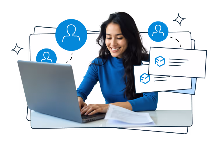 A smiling woman in a blue top working on a laptop with a sheet of paper in front of her. Around her are illustrated user icons and labels featuring the Furgonetka logo, connected by dashed lines, symbolizing interaction with recipients or contacts.
