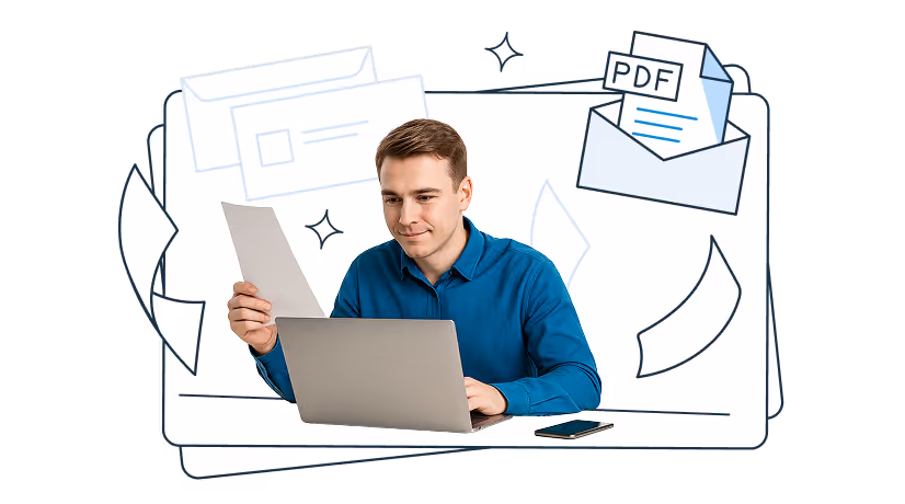 A man in a blue shirt sitting at a laptop, holding a sheet of paper. In the background are illustrated documents, an envelope containing a PDF, and flying pages, symbolizing digital document handling.