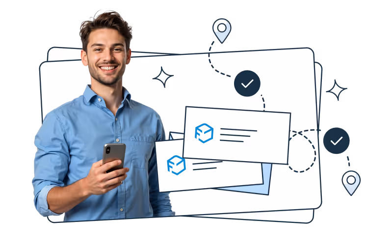 A smiling man in a light blue shirt holding a smartphone. Around him are illustrated letters with the Furgonetka logo, checkmarks, and location pins connected by dashed lines, symbolizing correspondence and delivery routes.
