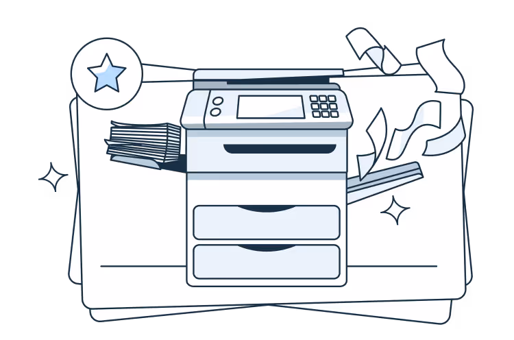 An illustration of a multifunction printer with paper stacks coming out on one side and flying sheets on the other. A star icon and decorative sparkles surround the printer, placed on layered white cards.