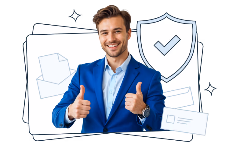 A smiling man in a blue suit giving two thumbs up. Behind him are illustrated documents, envelopes, and a large shield with a checkmark, symbolizing reliability, approval, or secure document handling.