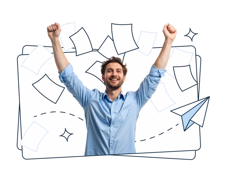 A smiling man in a light blue shirt raising both arms in celebration. Around him are illustrated flying sheets of paper and a paper airplane with a dashed flight path.