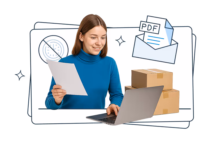 A woman in a blue turtleneck sitting at a laptop and holding a sheet of paper. Next to her are cardboard boxes, and in the background are illustrated elements including an envelope with a PDF document and various decorative icons, suggesting digital and physical document management.