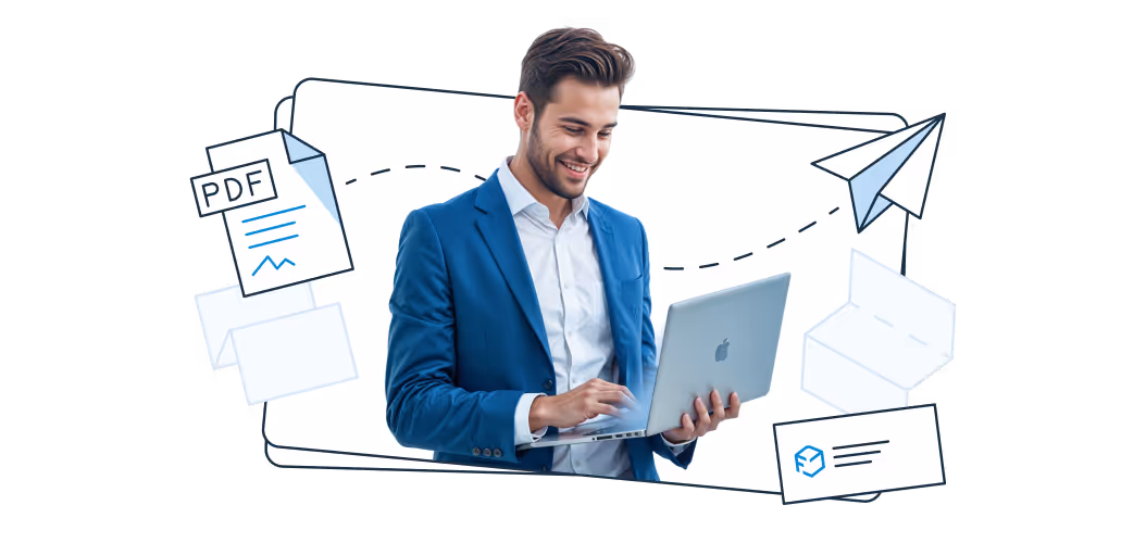 A smiling man in a blue suit using a laptop. Around him are illustrated elements including a PDF document, envelopes, a paper airplane with a dashed path, and a letter with the Furgonetka logo, symbolizing digital communication and document exchange.