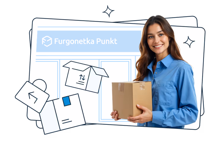 A smiling woman in a blue shirt holding a cardboard box. Behind her is an illustrated storefront labeled "Furgonetka Point" with parcel-related icons, symbolizing a parcel drop-off or pickup location.