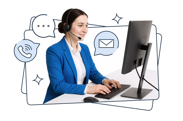 A woman in a blue blazer wearing a headset, working at a desktop computer. Around her are illustrated icons of a phone, message bubble, and envelope, symbolizing communication and customer support.