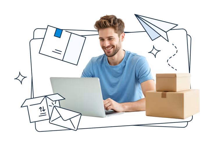 A smiling man in a light blue shirt working on a laptop. Next to him are cardboard boxes, and in the background are illustrated parcels, envelopes, and a paper airplane with a dashed flight path, symbolizing tasks related to shipping and correspondence.