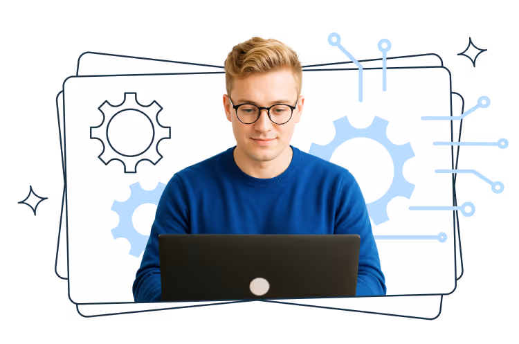 A man in glasses and a blue sweater working on a laptop. Behind him are illustrated gears and connected lines resembling circuit paths, symbolizing system configuration, automation, or technical operations.