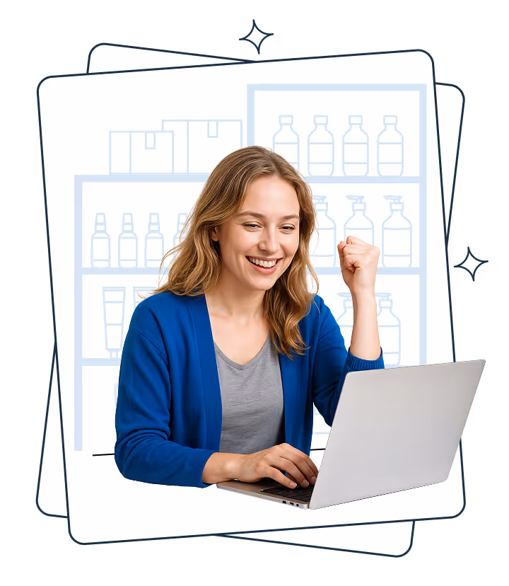 A smiling woman in a blue cardigan using a laptop and raising her fist in a gesture of success. Behind her are illustrated shelves with various bottles and boxes, symbolizing online management or operations related to product inventory.