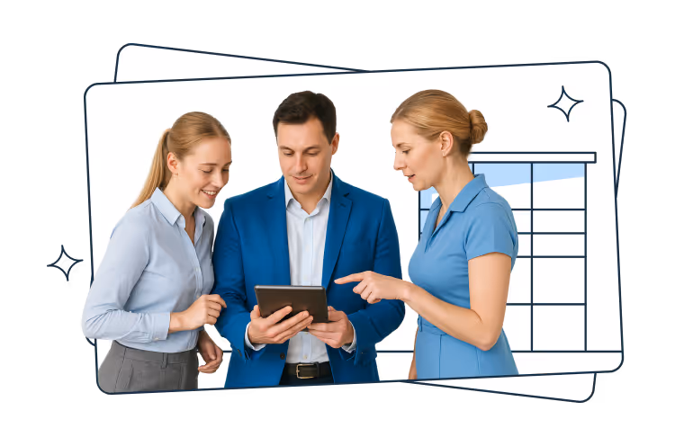 Three people standing and looking at a tablet device together—two women and one man in business attire. In the background is a simplified illustration of a parcel locker, symbolizing teamwork and collaboration related to automated parcel services.