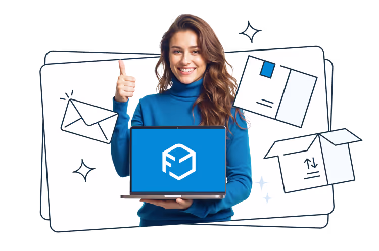 A smiling woman in a blue sweater holding a laptop with the Furgonetka company logo on the screen and showing a thumbs up. Around her are illustrated parcels, an envelope, and an open box, symbolizing positive user experience with parcel or delivery services.
