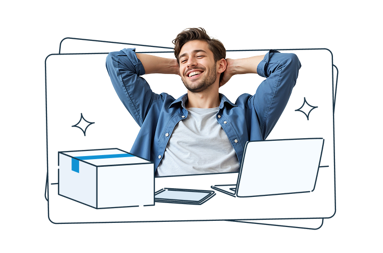 A relaxed man leaning back with his hands behind his head, smiling. In front of him are illustrated elements including a parcel, a laptop, and a tablet, symbolizing satisfaction and ease in handling shipments or tasks.