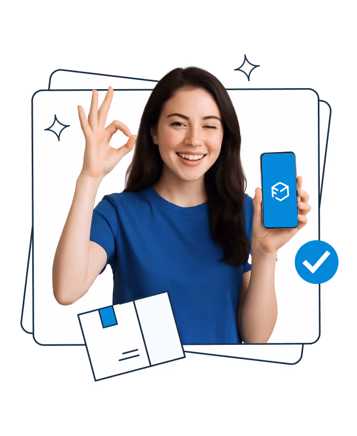 A smiling woman in a blue shirt holding a smartphone displaying the Furgonetka logo, while making an "OK" gesture with her other hand and winking. Around her are illustrated parcels and a blue checkmark, symbolizing approval and successful use of the service.