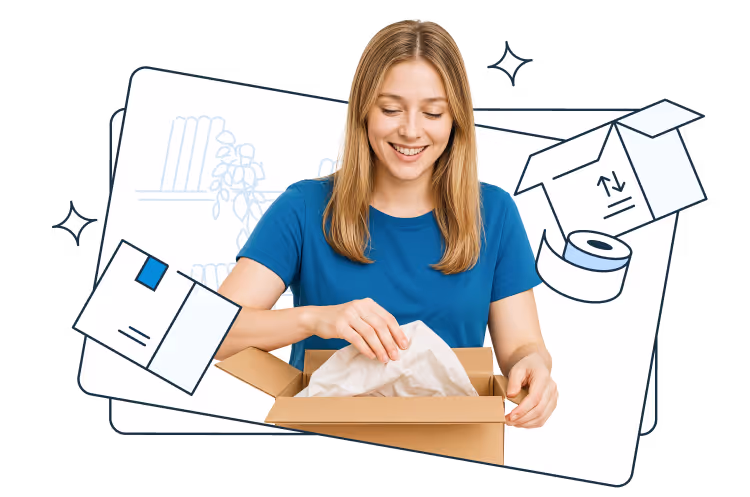 A smiling woman in a blue shirt unpacking a cardboard box. Around her are illustrated parcels, a roll of packing tape, and background drawings of shelves and a plant, symbolizing the process of receiving and handling deliveries.