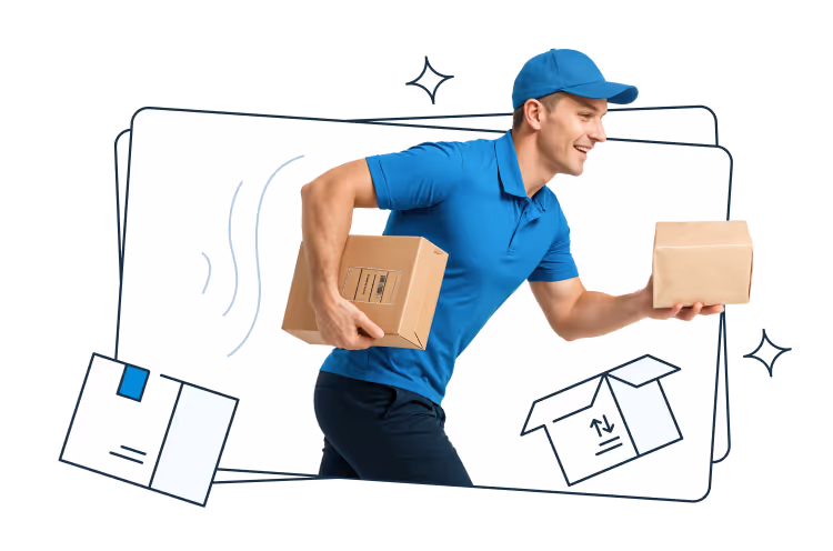 A smiling courier in a blue uniform and cap running while holding two cardboard boxes. Around him are illustrated parcels and motion lines, symbolizing fast and efficient delivery service.