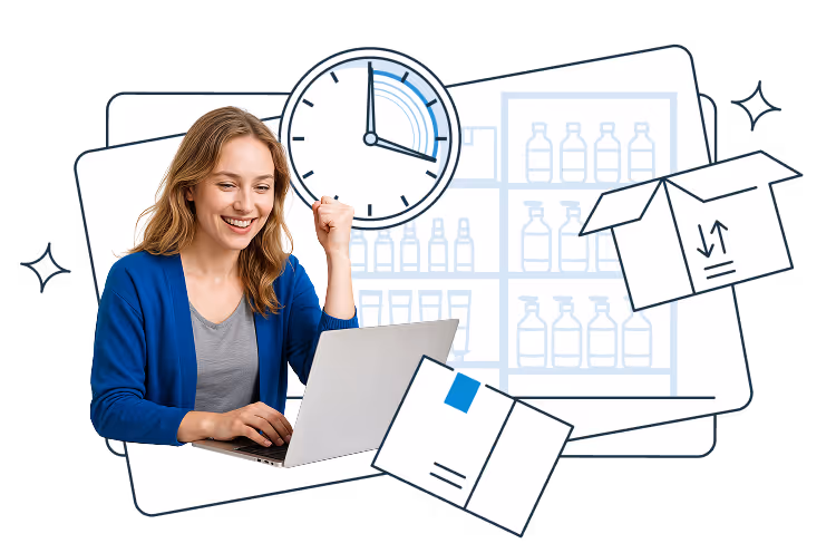 A smiling woman in a blue cardigan using a laptop and raising her fist in a gesture of success. Around her are illustrated parcels, a clock, and shelves with bottles, symbolizing time-efficient handling of shipments and inventory.