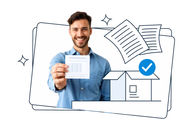 A smiling man in a blue shirt holding a shipping label with a barcode toward the camera. Next to him are illustrated documents, an open cardboard box, and a blue checkmark, symbolizing package preparation and proper documentation.