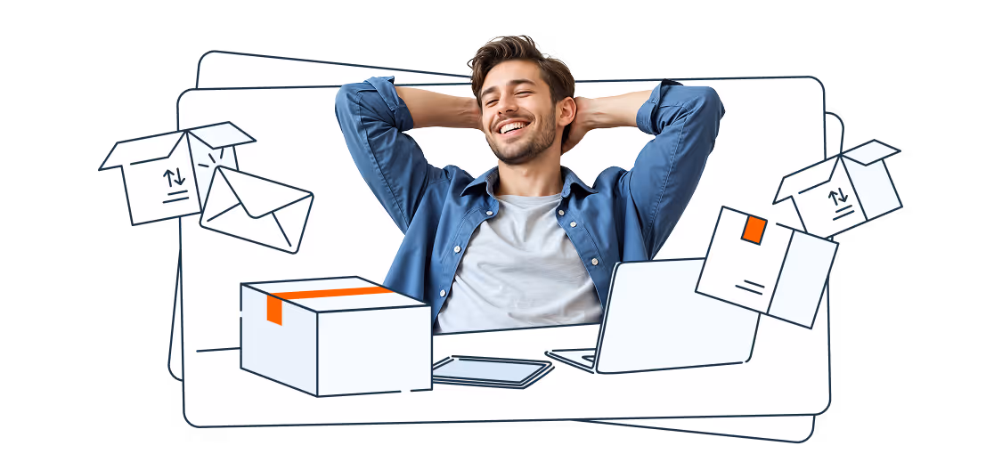 A smiling man leaning back with his hands behind his head, appearing relaxed. In front of him are a laptop, a tablet, and an illustrated closed parcel. Around him are illustrated parcels, letters, and boxes, symbolizing ease in handling shipments and correspondence.