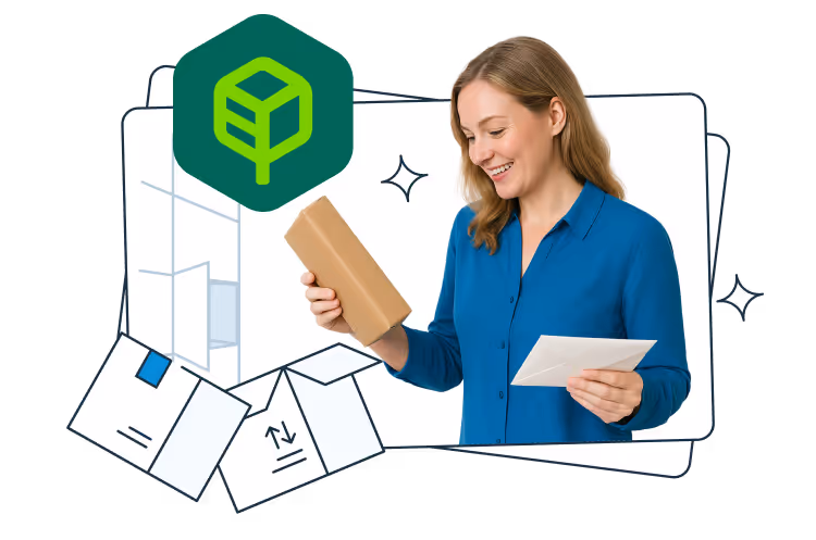 A smiling woman in a blue shirt holding a small parcel and an envelope. In the background are illustrated parcels, a parcel locker unit, and the green Allegro One logo, symbolizing collecting or sending packages via Allegro One parcel machines.