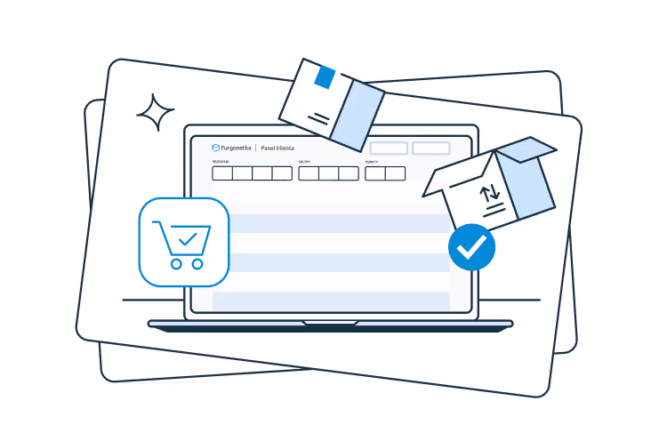 An illustration of a laptop displaying a client panel interface from Furgonetka. Surrounding the screen are icons of a shopping cart with a checkmark, parcels, and an open box with a checkmark, symbolizing online order management and shipment processing.