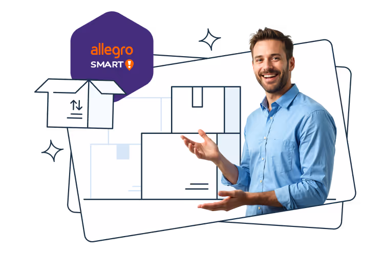 A smiling man in a light blue shirt gesturing toward a stack of illustrated parcels. In the top left corner is the Allegro Smart! logo, symbolizing shipping or delivery options available through the Allegro Smart! program.