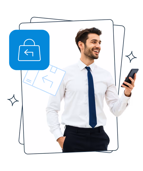 A smiling man in business attire holding a smartphone. Around him are illustrated return parcel icons and a blue symbol of a shopping bag with a return arrow, symbolizing handling product returns via mobile.