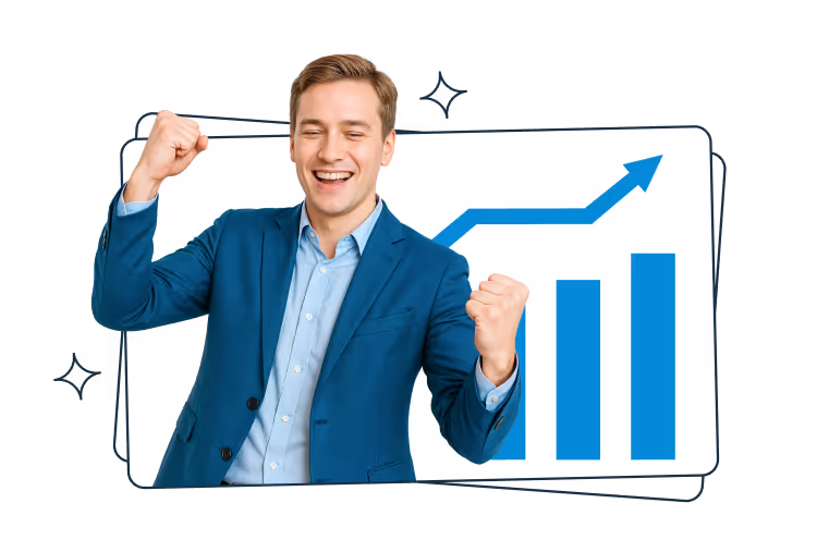 A smiling man in a blue suit raising his fists in a celebratory gesture. Behind him is an upward-trending bar chart with an arrow, symbolizing growth, success, or positive business performance.