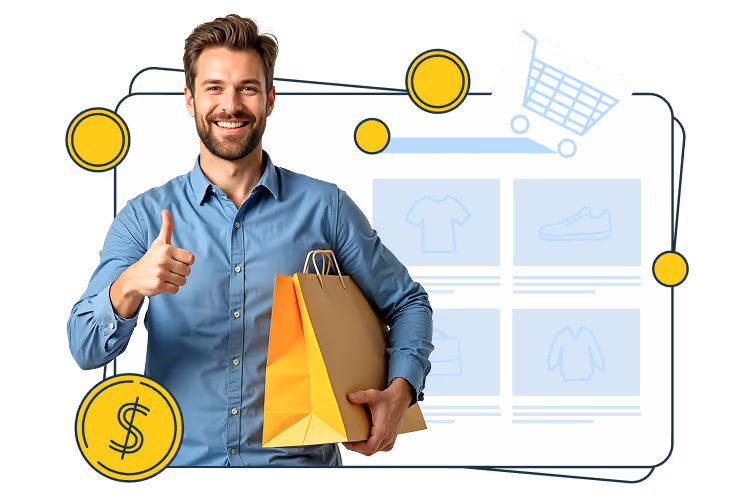 A smiling man in a blue shirt holding shopping bags and showing a thumbs-up gesture. Behind him is an illustrated product grid with clothing items, a shopping cart icon, and coins, symbolizing successful online shopping and e-commerce transactions.