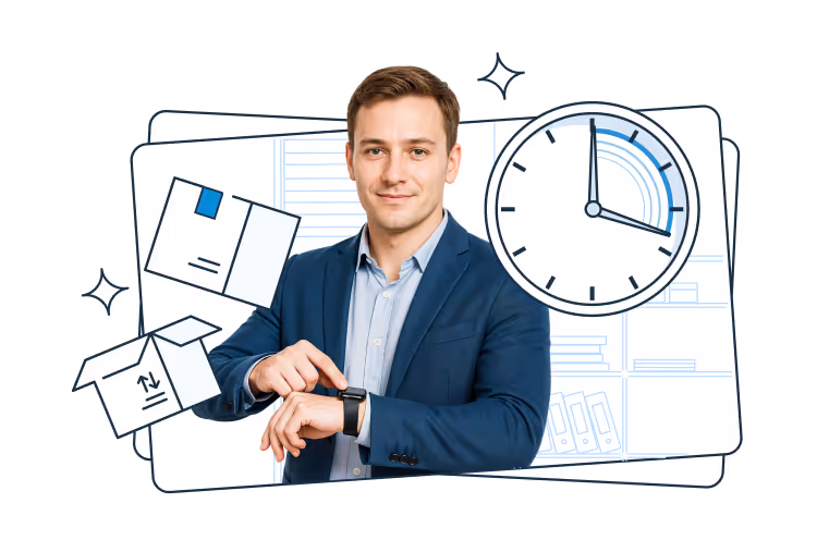 Mężczyzna w niebieskim garniturze wskazujący na swój smartwatch. W tle narysowane paczki, duży zegar oraz półki z dokumentami i segregatorami, symbolizujące zarządzanie czasem i efektywną obsługę przesyłek oraz zadań.