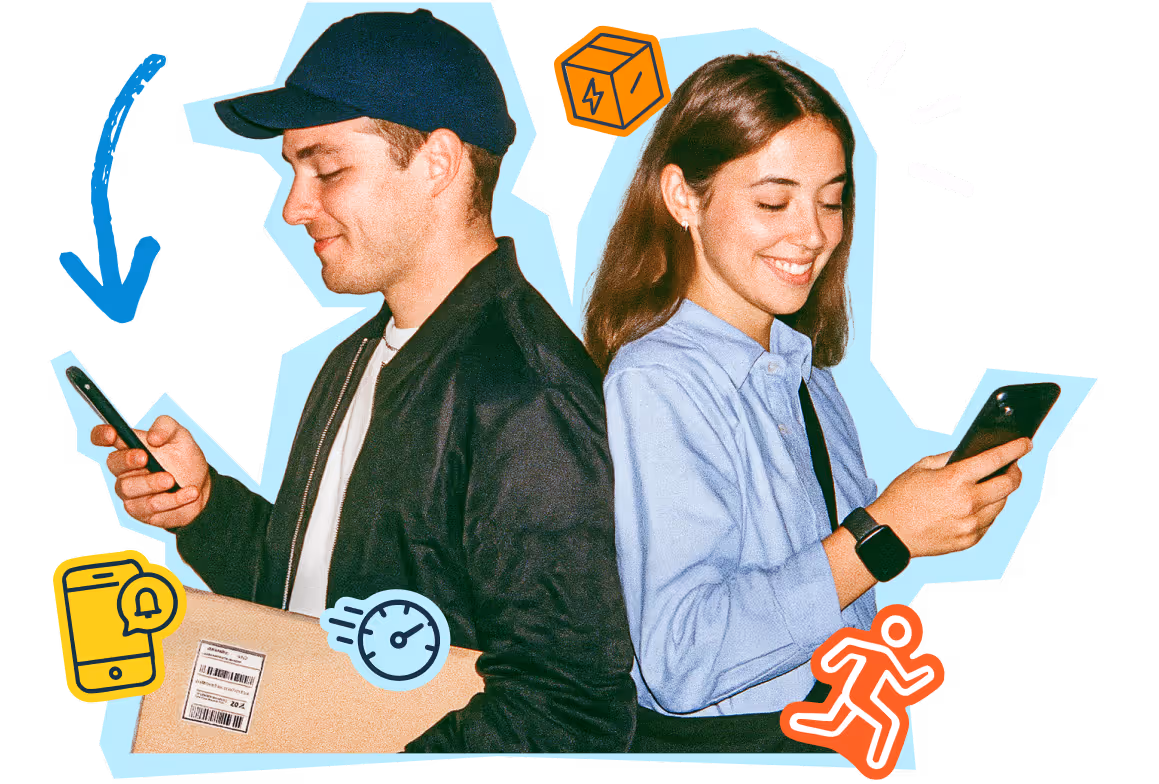 A man in a black jacket and navy cap holding a package while looking at his phone stands back-to-back with a smiling woman in a light blue shirt looking at her phone, with colorful icons of a phone, stopwatch, running figure, and package around them on a light blue abstract background.
