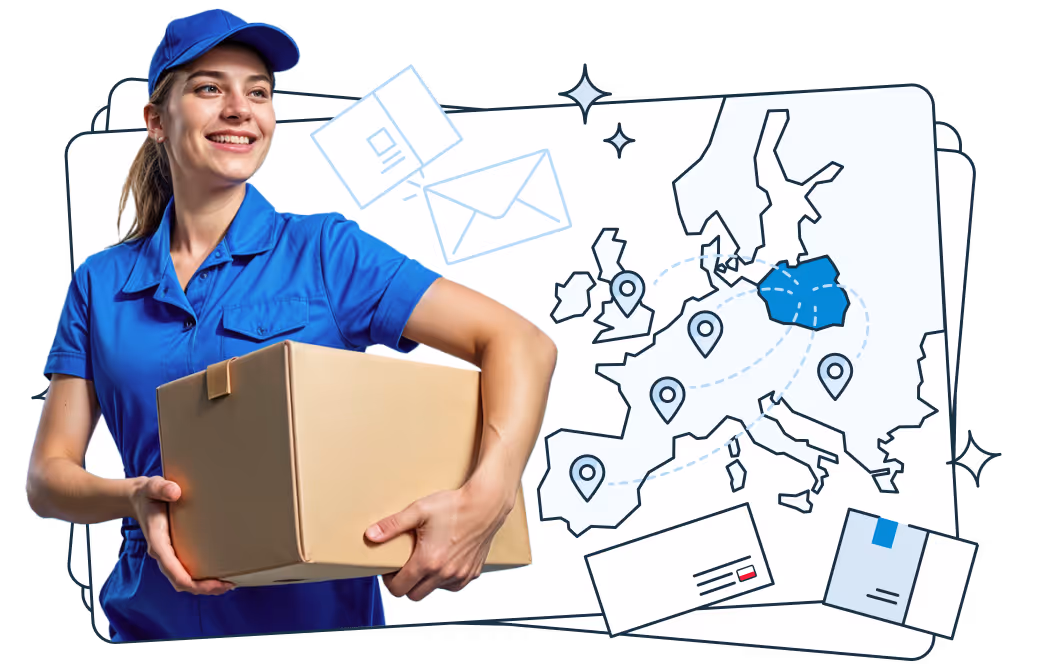 Uśmiechnięta kobieta w niebieskim uniformie kurierskim trzymająca kartonowe pudełko. W tle ilustracja mapy Europy z zaznaczoną Polską oraz liniami symbolizującymi połączenia kurierskie z innymi krajami.