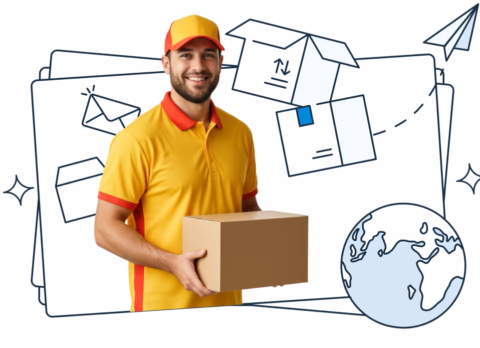 Kurier w żółto-czerwonym stroju z paczką w dłoniach. Obok ilustracja kuli ziemskiej. 