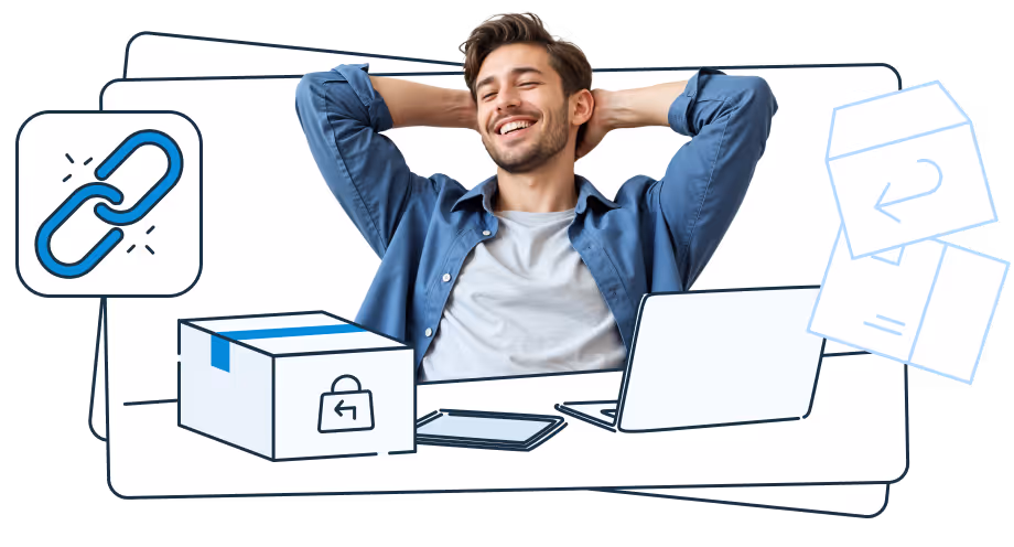 Uśmiechnięty mężczyzna z zarzuconymi rękami za głowę siedzi przy biurku, na którym znajdują się rysunkowe ilustracje laptopa, tabletu i paczki. W tle graficzne symbole przesyłek i zwrotów.