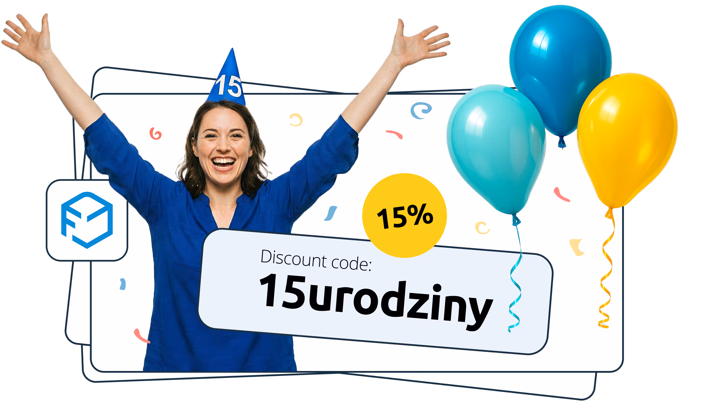 A woman in a blue shirt and cap with the inscription 15 celebrates with her hands raised next to balloons and the inscription discount code 15Urodziny with a 15% discount.
