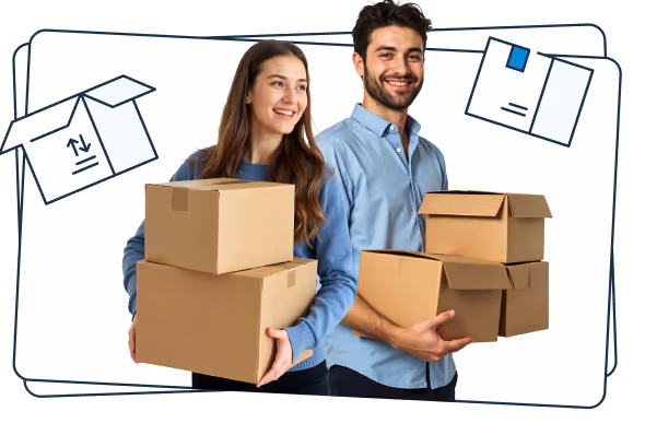 Uśmiechnięta kobieta i mężczyzna trzymający kilka kartonowych pudełek z ilustracjami paczek w tle.