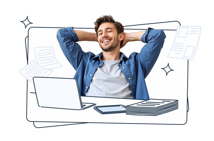 A smiling man sitting at a desk with his hands behind his head, in front of an open laptop and a stack of documents, with illustrated paper icons and light decorative elements in the background.