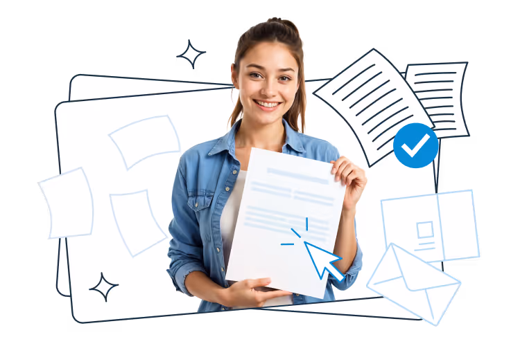 A smiling woman in a denim shirt holding a document, standing in front of illustrated icons of documents, an envelope, a check mark, and a cursor on a light background.