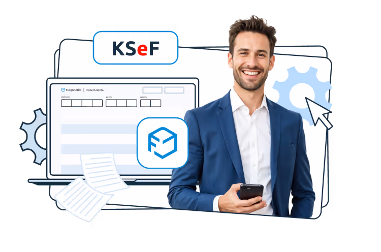 A smiling man in a suit jacket holding a smartphone stands in front of a graphic showing a laptop screen with a system interface, document icons, a package icon, and gear symbols, with the text “KSeF” on a light background.