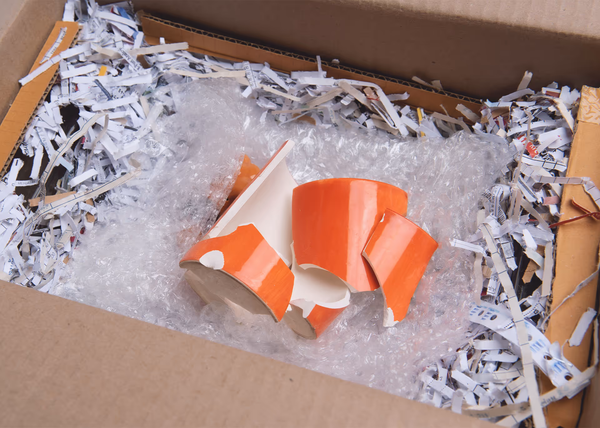 Uszkodzony pomarańczowy kubek rozbity na kawałki leży w kartonowym pudełku wypełnionym folią bąbelkową i pociętym papierem.
