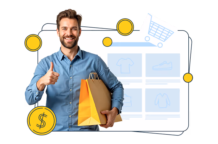 Uśmiechnięty mężczyzna w niebieskiej koszuli stoi na pierwszym planie, trzyma torby zakupowe i pokazuje kciuk w górę; wokół niego znajdują się graficzne elementy, w tym monety, koszyk zakupowy oraz tło z ikonami produktów.